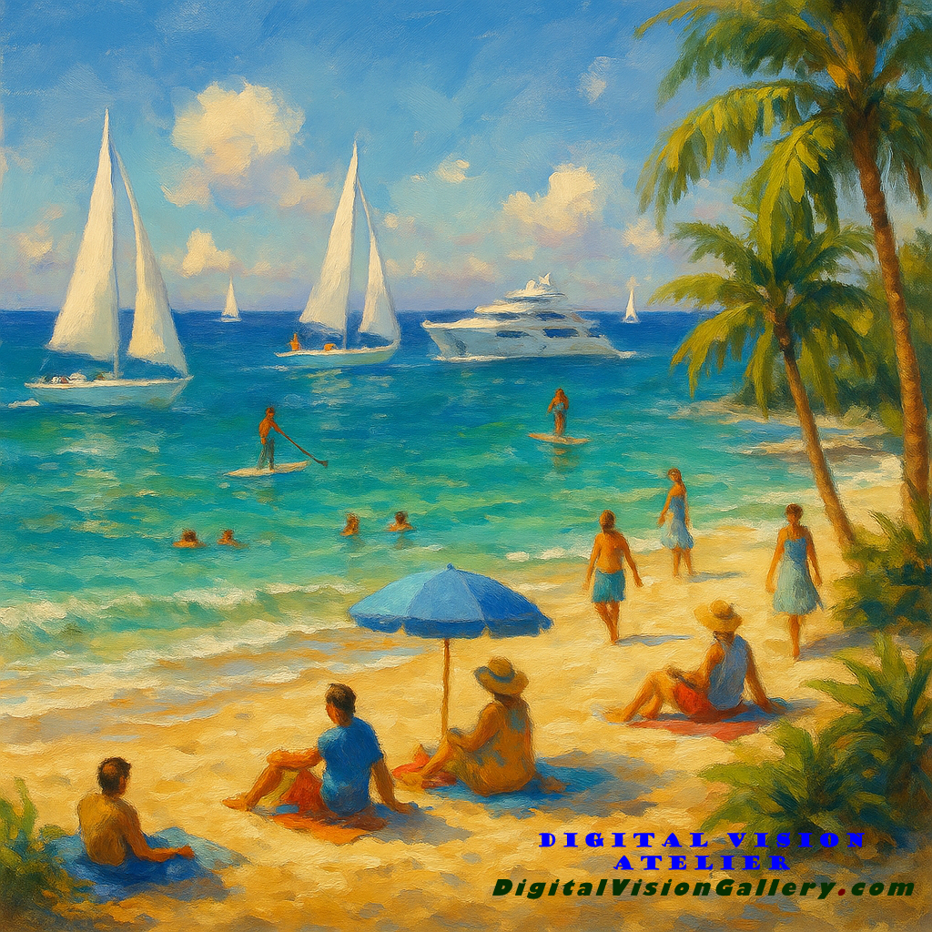 Tropical beach with sailboats and palm trees...