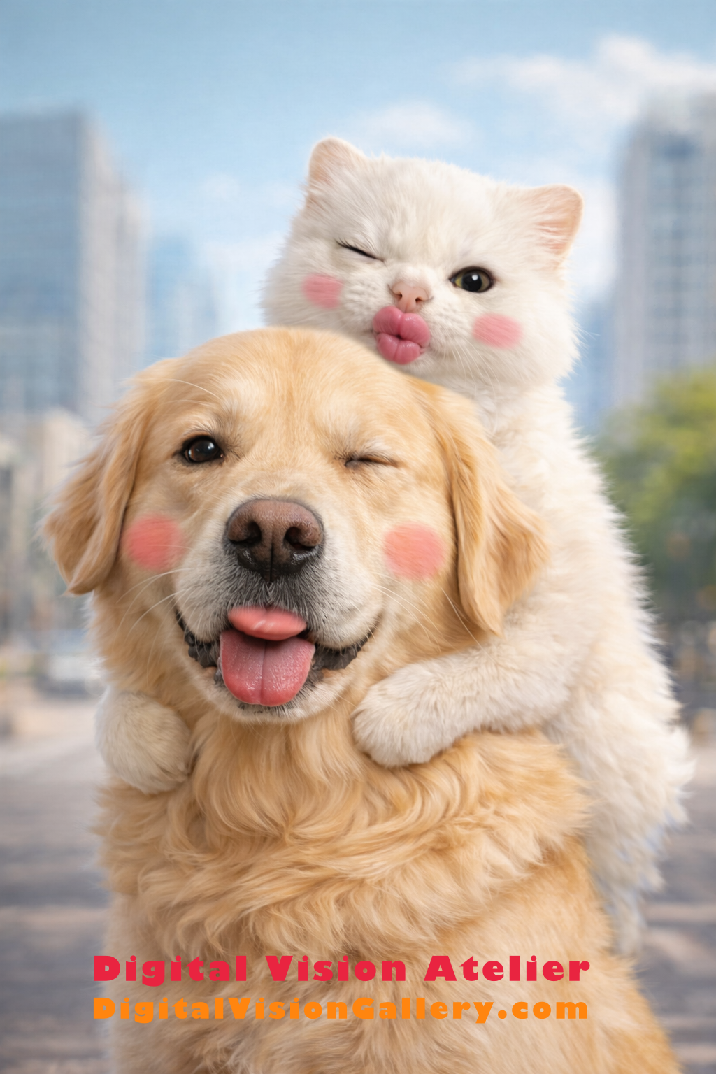 Playful dog and cat artwork portrait