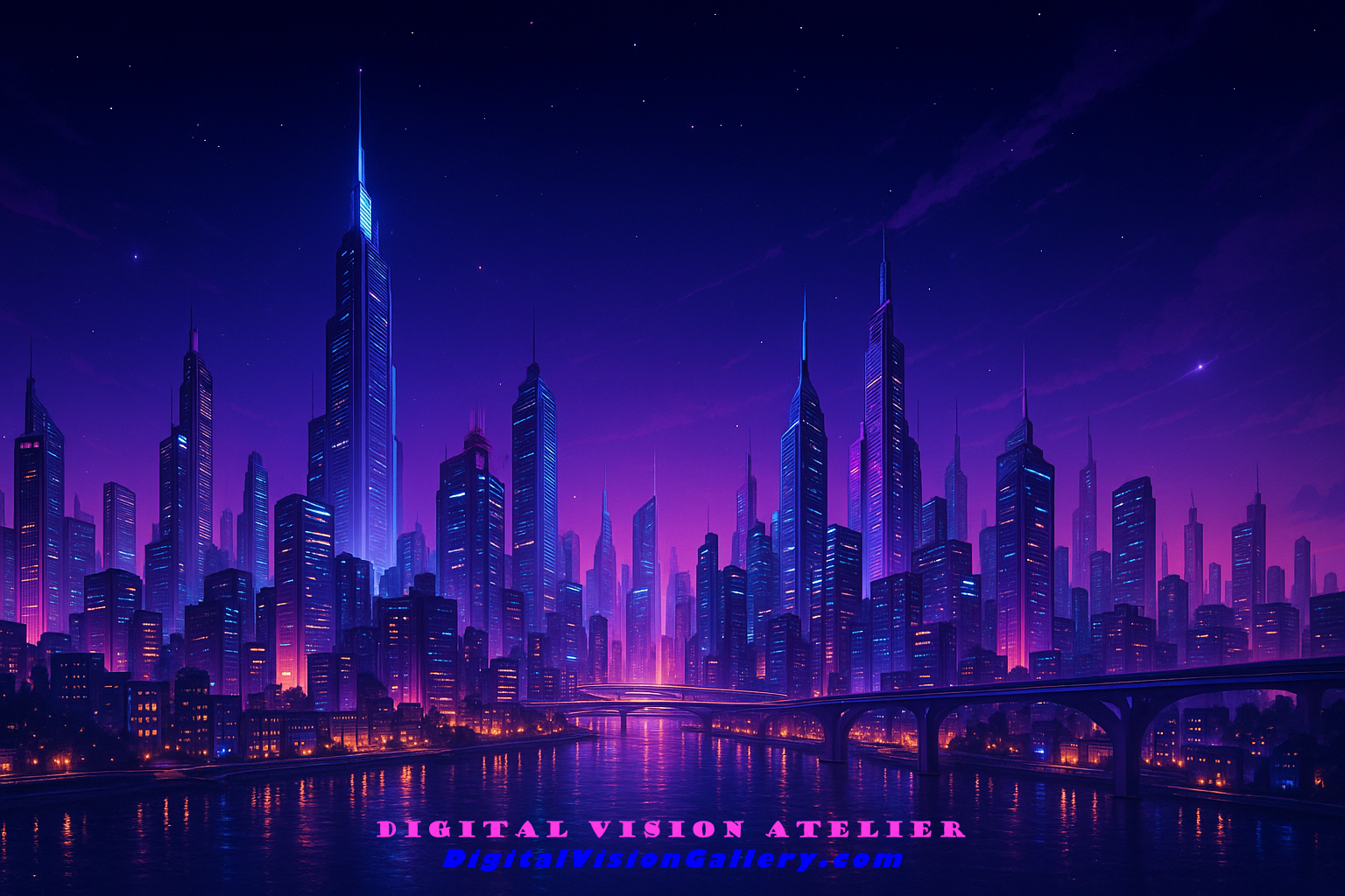 Futuristic city skyline at dusk