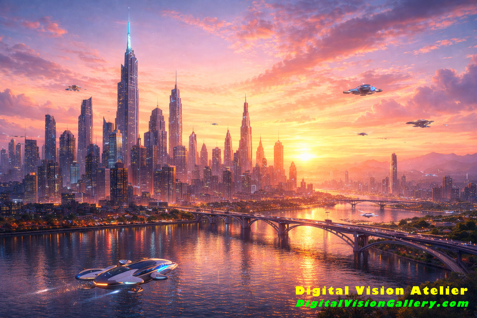 Futuristic city skyline at sunrise