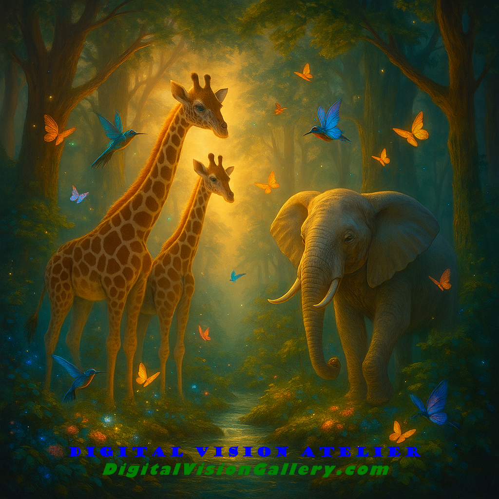 Dreamy forest animals artwork with giraffes, elephant, butterflies and soft light