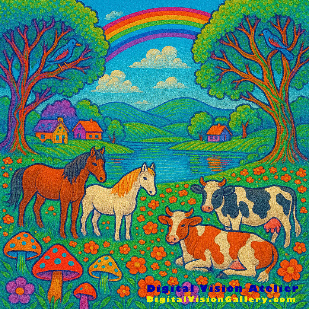 Idyllic landscape with horses and cows