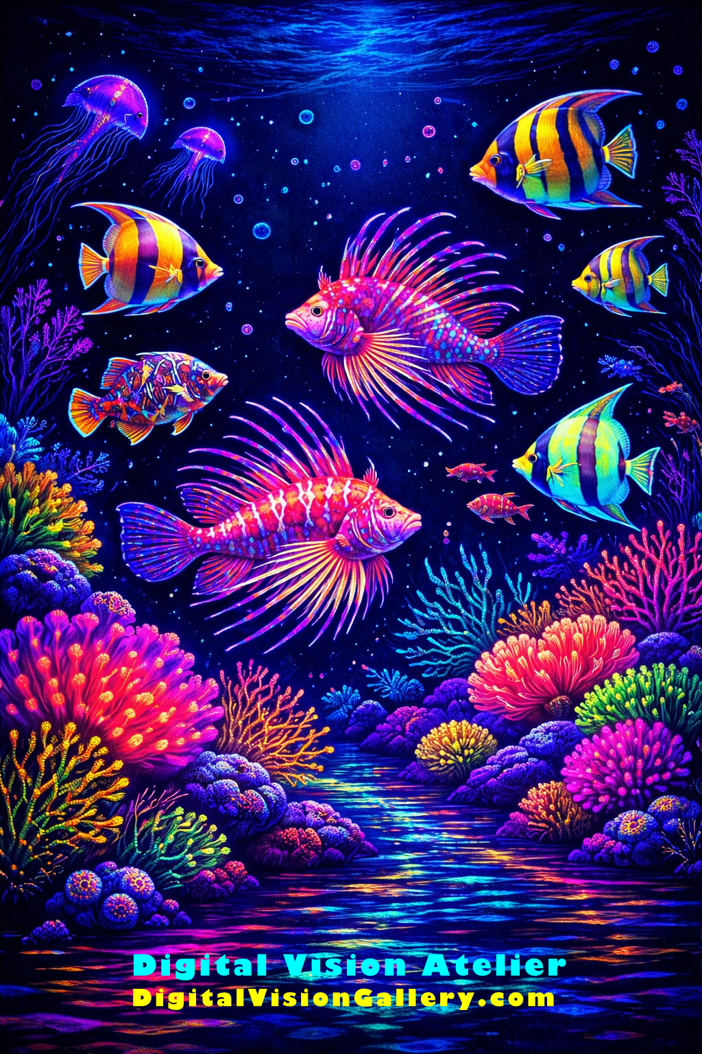 Vibrant ocean life artwork with neon reef fish and corals