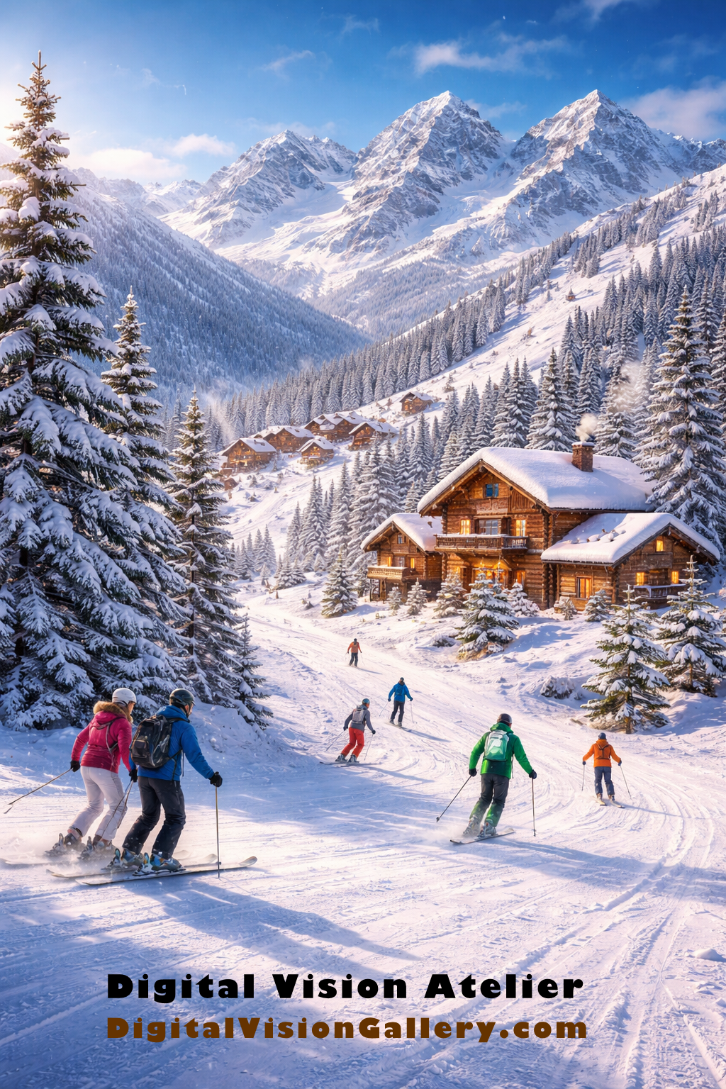 Alpine skiing mountain village artwork